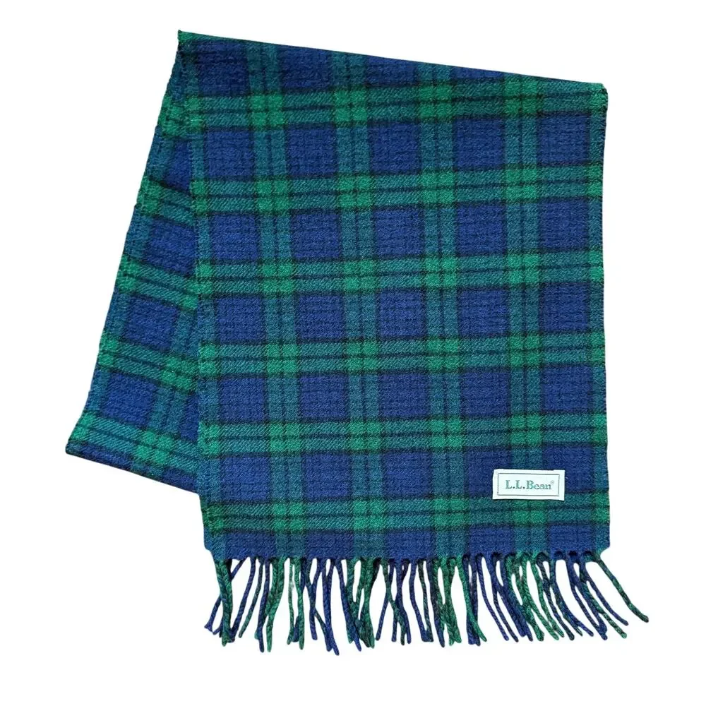 L.L.Bean Wool Blend Plaid Scarf Green Blue Tartan Made in Italy 50